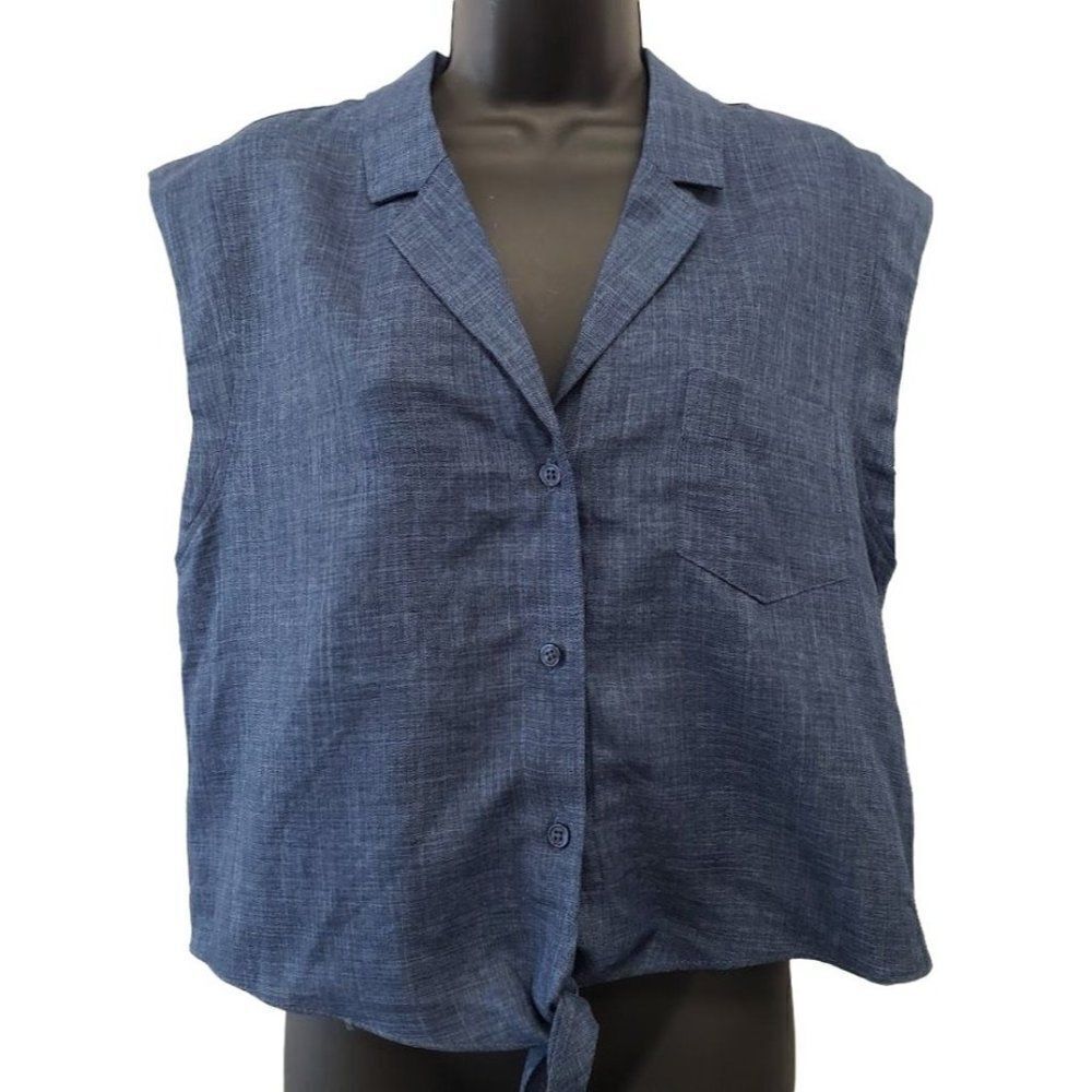 BCBGeneration‎ Tie-Front Shirt Top Women's MEDIUM Dark Blue Buttons Short-Sleeve